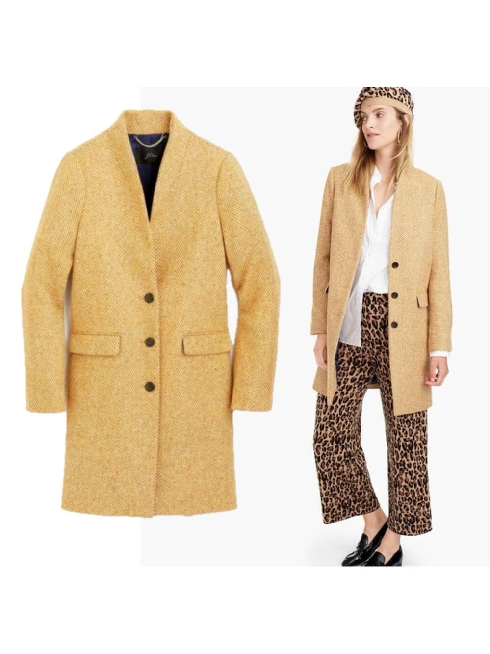 J. Crew Mustard Yellow English herringbone wool Pea Coat button front Sz 2